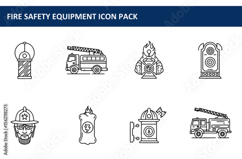 Fire safety equipment icons in a simple, outline style. Collection of various fire safety tools with no people or background details.