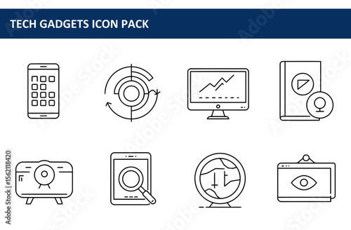 Tech gadgets icon pack showcasing various devices and tools for different purposes. Simple line art of smartphones, computers, tablets, and more displayed in a clean, organized grid.