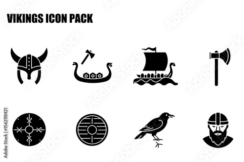 Viking Icon Pack showing historical symbols in a flat design style. Simple, symbolic representations of Viking culture displayed against a white background for clear readability.