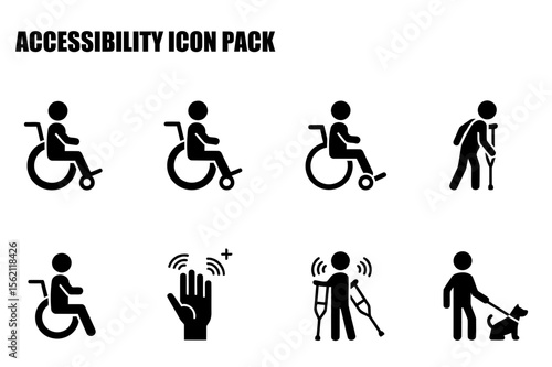 Accessibility icon pack depicting various assistive devices and actions for people with disabilities.