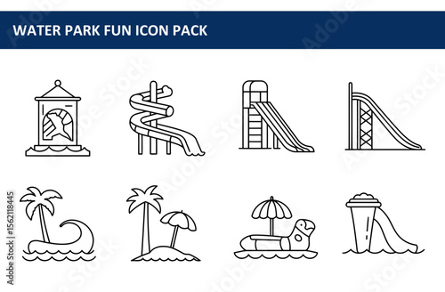 Water park fun icon pack showing various water park attractions. Different water park slides and a water pavilion are featured.