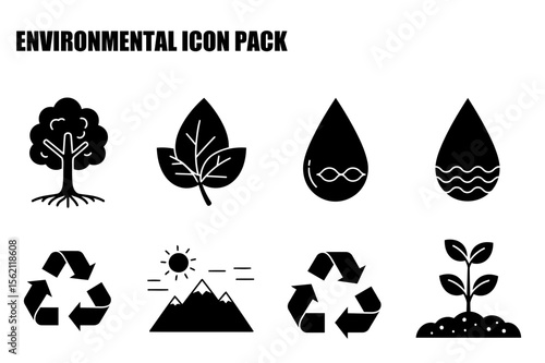 Environmental icon set depicting a tree, leaves, water drop, recycling symbol, sun and mountains, and a seedling.