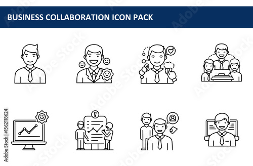 Business collaboration icons depicting professional interactions in various settings. Smiling businesspeople in formal attire collaborating with colleagues.