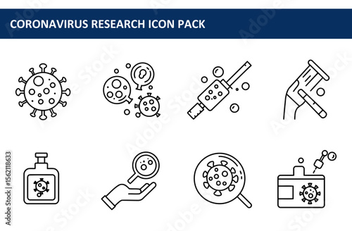 Coronavirus research icon pack of various medical items. Collection of simple line drawings of viruses, vaccines, and research tools.
