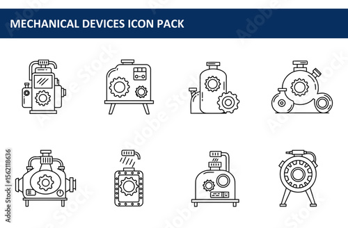 Mechanical Devices Icon Pack. Outline Illustrations of Various Industrial Components in a Flat Style. Engineering. Various Industrial Settings -
