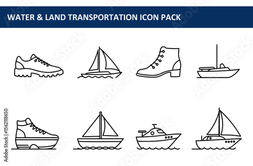 Line art icons of various water and land transportation modes. Simple, outline illustrations of hiking boots, sailing boats, and motor yachts, showcasing different vehicles for travel.