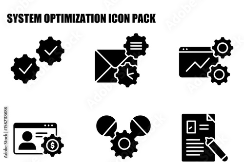 System optimization icons in a flat design style. Set of black and white icons for optimizing processes and systems. System optimization icons for business use.