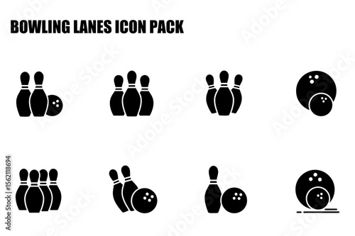 Bowling pins and ball icons in a set for a bowling lanes icon pack. Simple black silhouettes of bowling pins and balls arranged in a grid.