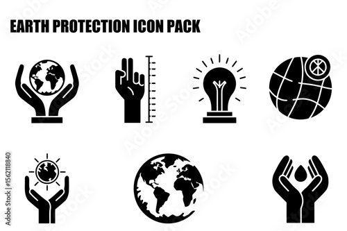Earth Protection Icon Pack depicting hands holding a globe, a hand gesture, a lightbulb, a globe with a peace symbol, a globe with sun, and hands holding a drop of water.