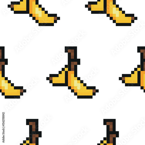 pattern with exotic fruit in pixel art style, namely banana icons, retro 8-bit graphics style with visible square pixels and minimal color palette