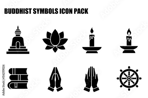 Buddhist symbols icon set with pagoda, lotus flower, candle, prayer hands, and Dharma wheel. Black and white simple shapes for spiritual and religious iconography.