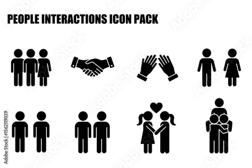 Black and white stylized graphic of diverse social interactions. Simple figures interacting in various poses and situations on a plain background.