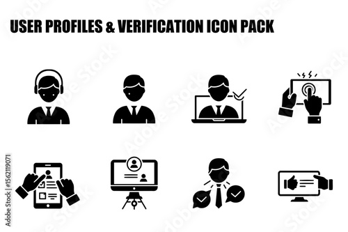Business user profiles and verification icons in a professional setting. Male figures interacting with various digital devices like laptops and tablets.