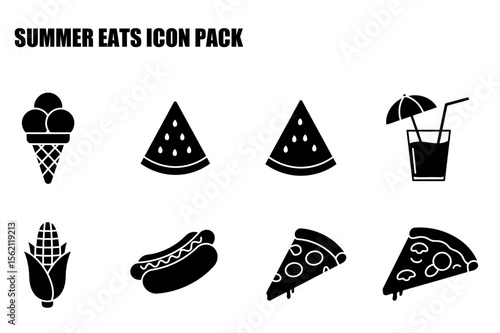 Summer food icons for graphic design. Simple black and white illustrations of popular summer foods and drinks.