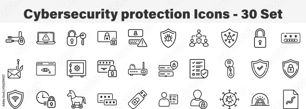 Fototapeta premium Cybersecurity Icons 30 Set. Line Art Icon Collection. Editable Stroke. Vector Illustration