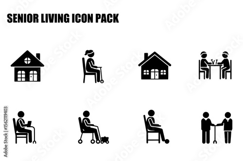 Senior Living Icon Pack depicting various activities and settings. Seniors engaging in daily routines, inside homes and residences.