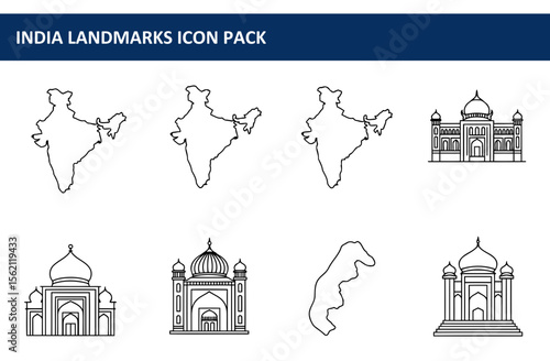 India landmarks icon pack featuring diverse architectural styles and geographical representation.