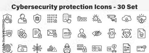 Cybersecurity Icons 30 Set. Line Art Icon Collection. Editable Stroke. Vector Illustration