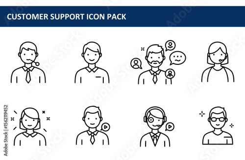 Customer support staff icons in various communication styles. Diverse customer service representatives engaged in different interactions with various clients.
