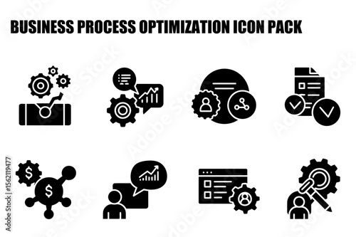 Business process optimization icons with various functions in a white background. Action/pose showcasing different process elements and workflow steps within a business setting.