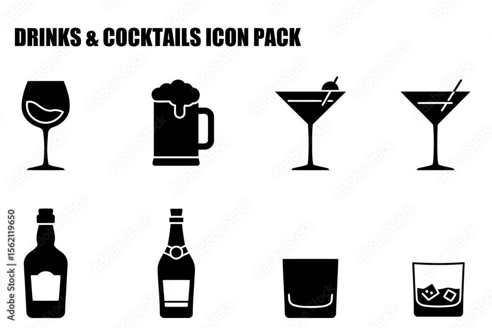 Drinks and Cocktails Icon Set with various beverage containers Drinks and Cocktails Icon Set with various beverage containers