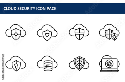 Cloud security icons depicting various protection measures in a digital interface. Simple line illustrations of cloud services with shields, keys, and databases for security purposes.