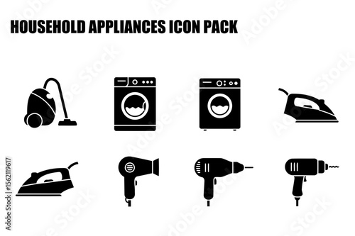 Household appliance icons featuring various tools for home use. Simple, black and white silhouettes of a vacuum cleaner, washing machine, iron, hair dryer, and electric drill.