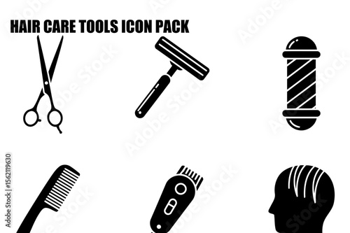 Hair care tools displayed as simple, black silhouettes on a white background. Illustrative icons of scissors, straight razor, barber pole, hair clippers, comb, and a head profile with styled hair.