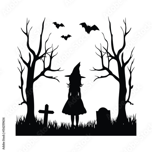 Enchanted Halloween Night with Witch Girl Silhouette