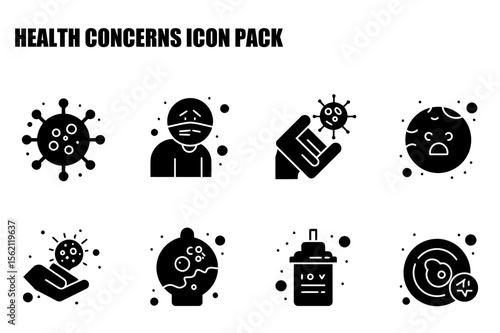 Health concerns icon pack showing various icons of a virus, a person wearing a mask, and other medical/healthcare related icons.