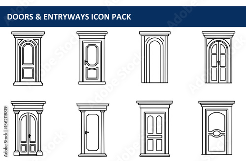 Collection of various architectural door and entryway designs in a modern line art style.