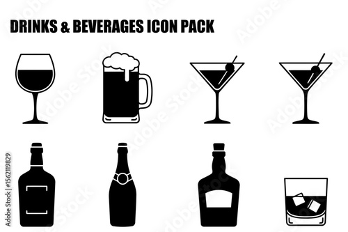 Drinks and beverages icon set for a bar or restaurant. Simple black and white silhouettes of wine, beer, martini, champagne, whiskey, and an old fashioned glass with ice.