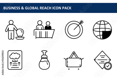 Business and global reach icon set with various business elements