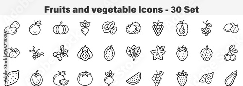 Fruits and vegetable Icons 30 Set. Line Art Icon Collection. Editable Stroke. Vector Illustration