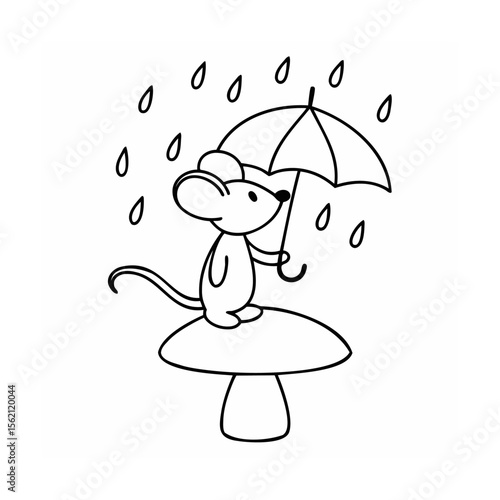 A mouse holding an umbrella standing on a mushroom in the rain drops
