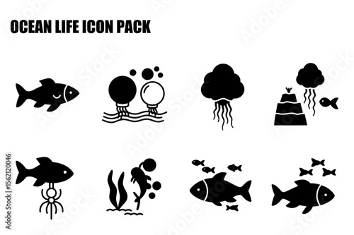 Ocean life icons set in black and white with various marine creatures and underwater environments. Collection of diverse aquatic life forms for a nature/marine education project.