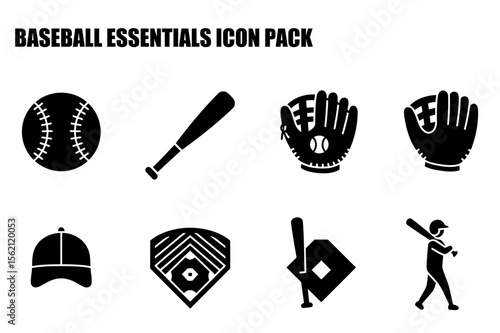 Baseball essentials icon pack. Basic illustrations of baseball equipment and players in a plain, simple design.