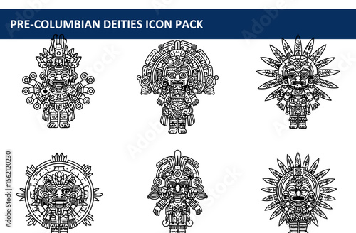 Pre-Columbian deities icon set in intricate line art; standing figures with elaborate headdresses and ornamented attire. Collection of historical figures for educational use in a white background.