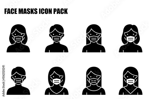 Generic set of people wearing face masks in various demographic categories. Silhouette representation of individuals wearing masks.