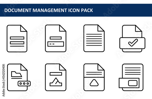 Document management icon set with various file types in a simple line art style. Document management icons in a generic setting. Generic user. IT professional. office space.