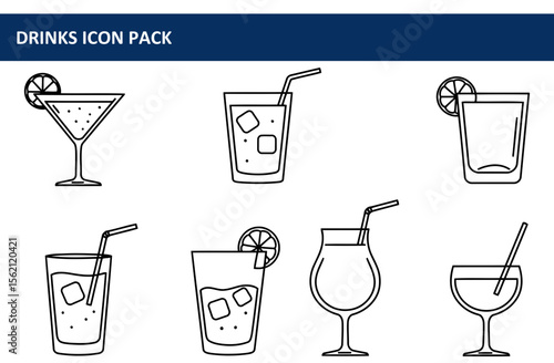 Drinks icon pack showing various cocktails and drinks with ice and garnishes. Simple line art icons for bar, restaurant, or cocktail related design.