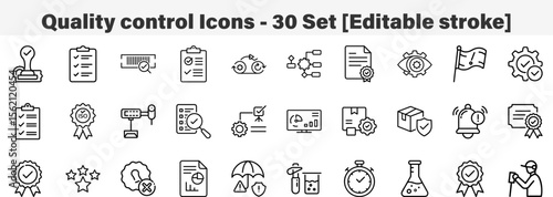 Quality control Icons 30 Set. Line Art Icon Collection. Editable Stroke. Vector Illustration