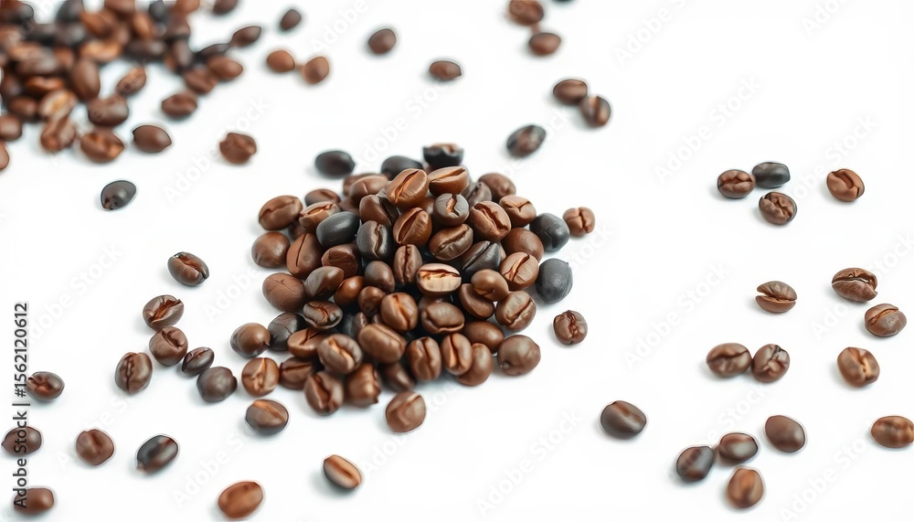 Dark roasted coffee beans in a small heap on pristine white background,  rich,  harvest