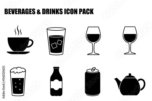 Beverages and drinks icon set with various containers and vessels.