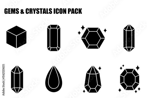 Gem and Crystal Icon Set with various shapes and sparkle effects. Simple, graphic design illustrations of different gem shapes displayed against a white background.