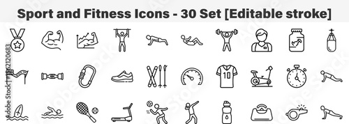 Sport and Fitness Icons 30 Set. Line Art Icon Collection. Editable Stroke. Vector Illustration
