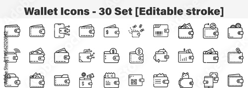 Wallet Icons 30 Set. Line Art Icon Collection. Editable Stroke. Vector Illustration