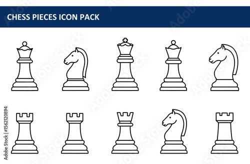 Chess pieces in outline style; different types of chess pieces displayed in a grid format. Simple, iconic representations of king, queen, rook, bishop, and knight.