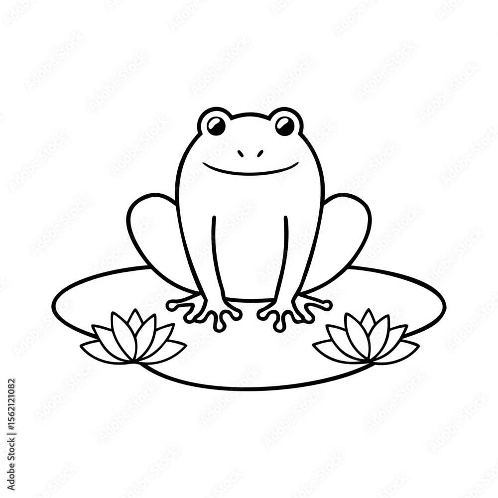 A smiling frog sitting on a lily pad with two lotus flowers amphibian animal A smiling frog sitting on a lily pad with two lotus flowers amphibian animal