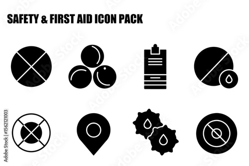 Safety and first aid icon set showing various medical symbols in a simple, graphic design. Basic medical illustrations for a health related website or app.